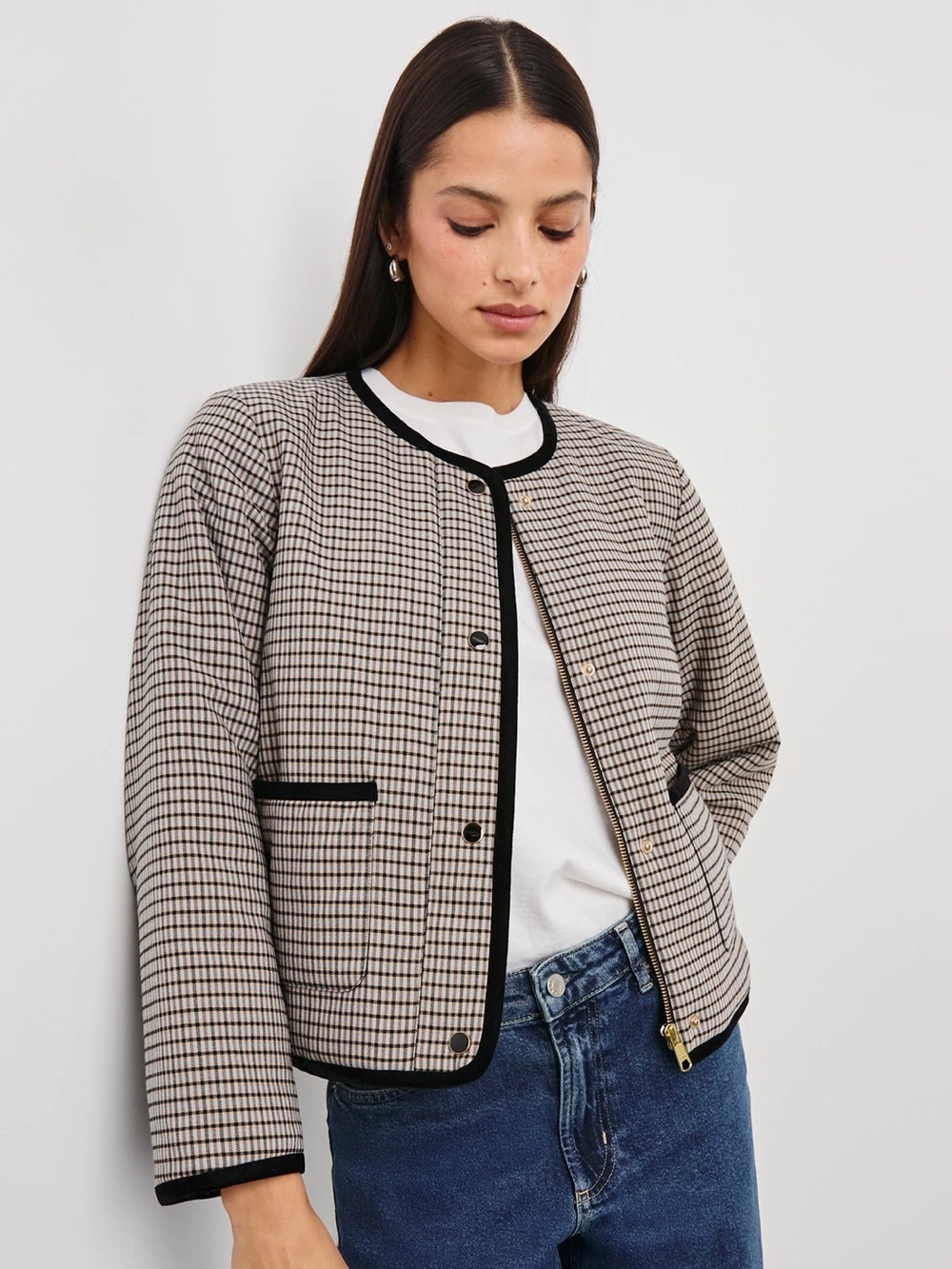 NWOT Rails Nota Jacket Ice Taupe Mini Checked Boxy Lady Jacket - Picture 4 of 11